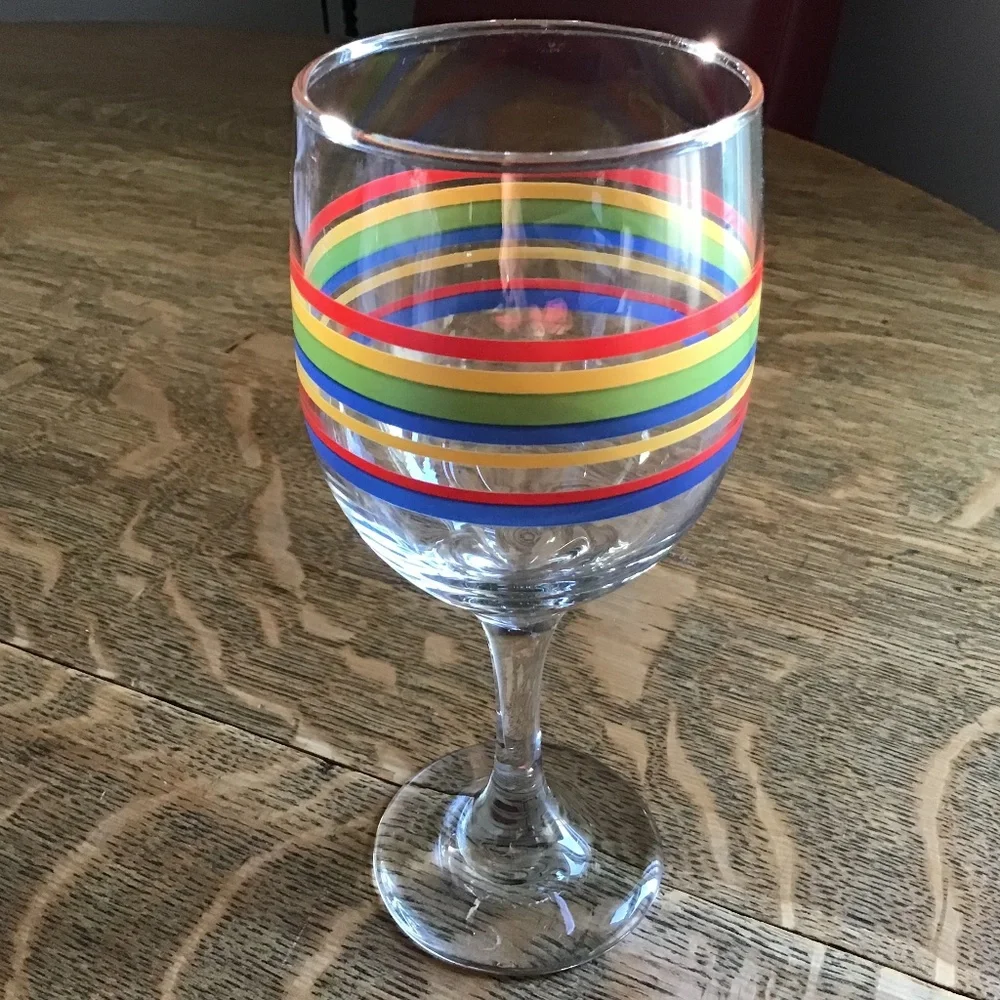 Vintage Libbey Fiesta Mambo Striped Wine Glass Blue Green Red Yellow Rings